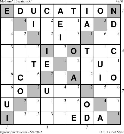 The grouppuzzles.com Medium Education-X puzzle for Sunday May 4, 2025 with all 7 steps marked