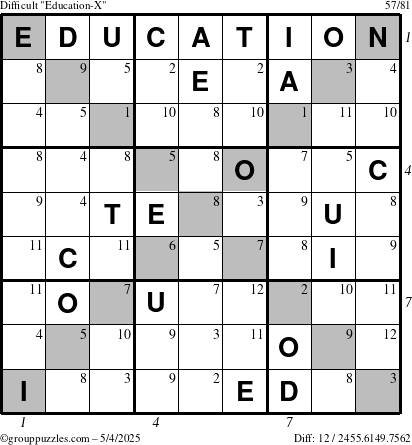 The grouppuzzles.com Difficult Education-X puzzle for Sunday May 4, 2025, suitable for printing, with all 12 steps marked