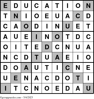 The grouppuzzles.com Answer grid for the Education-X puzzle for Sunday May 4, 2025