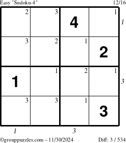 The grouppuzzles.com Easy Sudoku-4 puzzle for Saturday November 30, 2024 with all 3 steps marked