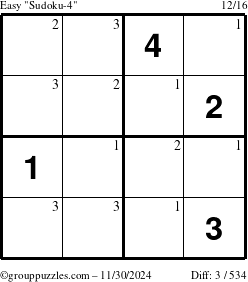 The grouppuzzles.com Easy Sudoku-4 puzzle for Saturday November 30, 2024 with the first 3 steps marked