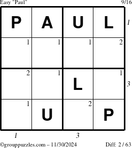 The grouppuzzles.com Easy Paul puzzle for Saturday November 30, 2024 with all 2 steps marked