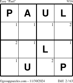 The grouppuzzles.com Easy Paul puzzle for Saturday November 30, 2024 with the first 2 steps marked