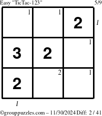 The grouppuzzles.com Easy TicTac-123 puzzle for Saturday November 30, 2024 with all 2 steps marked