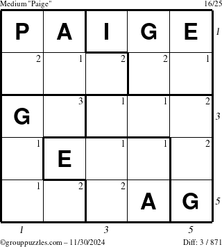 The grouppuzzles.com Medium Paige puzzle for Saturday November 30, 2024 with all 3 steps marked