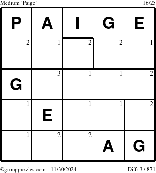 The grouppuzzles.com Medium Paige puzzle for Saturday November 30, 2024 with the first 3 steps marked