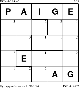 The grouppuzzles.com Difficult Paige puzzle for Saturday November 30, 2024 with the first 3 steps marked