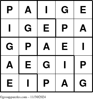 The grouppuzzles.com Answer grid for the Paige puzzle for Saturday November 30, 2024