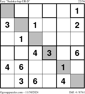 The grouppuzzles.com Easy Sudoku-6up-UR-D puzzle for Saturday November 30, 2024