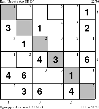 The grouppuzzles.com Easy Sudoku-6up-UR-D puzzle for Saturday November 30, 2024, suitable for printing, with all 4 steps marked