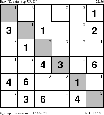 The grouppuzzles.com Easy Sudoku-6up-UR-D puzzle for Saturday November 30, 2024 with the first 3 steps marked