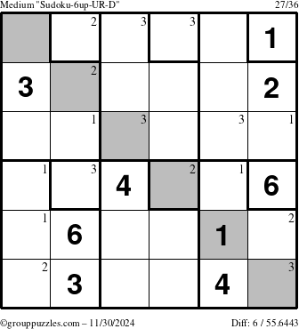 The grouppuzzles.com Medium Sudoku-6up-UR-D puzzle for Saturday November 30, 2024 with the first 3 steps marked