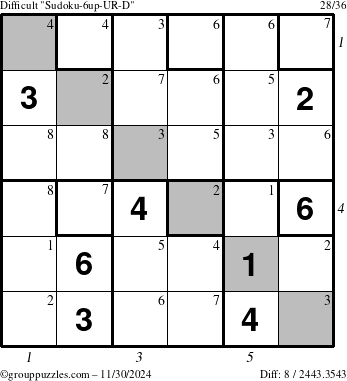 The grouppuzzles.com Difficult Sudoku-6up-UR-D puzzle for Saturday November 30, 2024 with all 8 steps marked