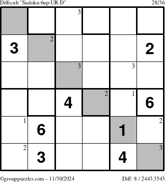 The grouppuzzles.com Difficult Sudoku-6up-UR-D puzzle for Saturday November 30, 2024 with the first 3 steps marked