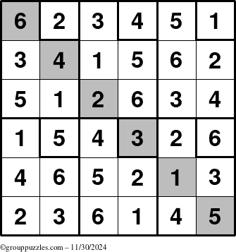 The grouppuzzles.com Answer grid for the Sudoku-6up-UR-D puzzle for Saturday November 30, 2024