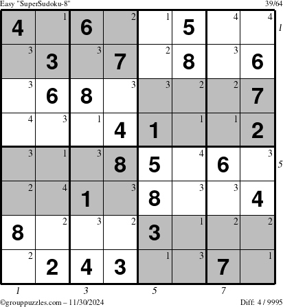 The grouppuzzles.com Easy SuperSudoku-8 puzzle for Saturday November 30, 2024 with all 4 steps marked