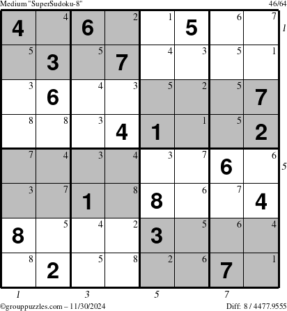 The grouppuzzles.com Medium SuperSudoku-8 puzzle for Saturday November 30, 2024, suitable for printing, with all 8 steps marked