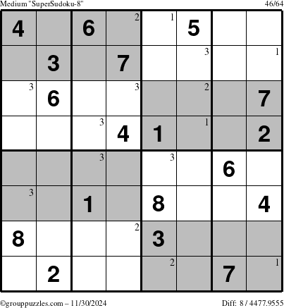 The grouppuzzles.com Medium SuperSudoku-8 puzzle for Saturday November 30, 2024 with the first 3 steps marked