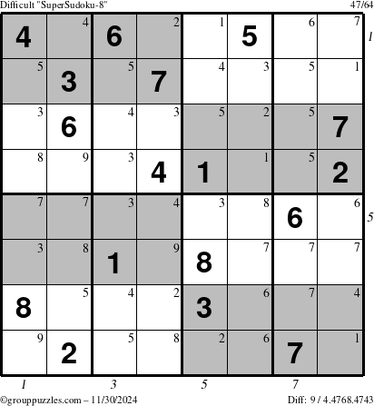 The grouppuzzles.com Difficult SuperSudoku-8 puzzle for Saturday November 30, 2024 with all 9 steps marked