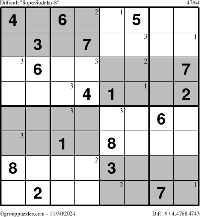 The grouppuzzles.com Difficult SuperSudoku-8 puzzle for Saturday November 30, 2024 with the first 3 steps marked