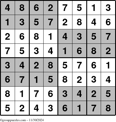 The grouppuzzles.com Answer grid for the SuperSudoku-8 puzzle for Saturday November 30, 2024