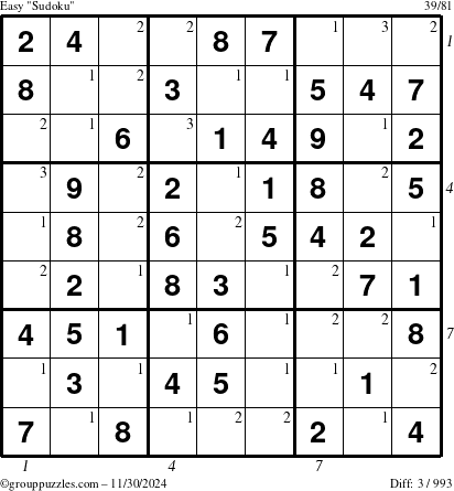 The grouppuzzles.com Easy Sudoku puzzle for Saturday November 30, 2024 with all 3 steps marked