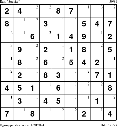 The grouppuzzles.com Easy Sudoku puzzle for Saturday November 30, 2024 with the first 3 steps marked