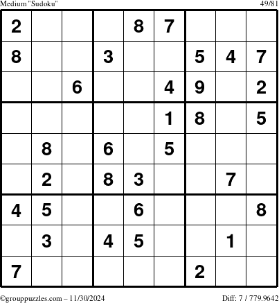 The grouppuzzles.com Medium Sudoku puzzle for Saturday November 30, 2024