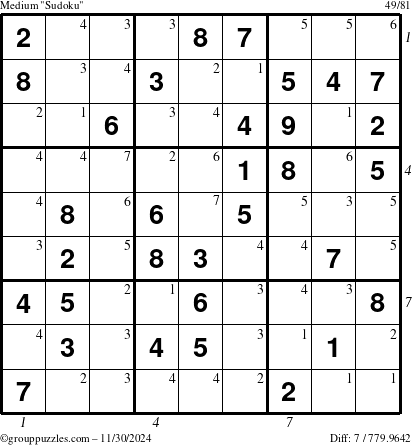 The grouppuzzles.com Medium Sudoku puzzle for Saturday November 30, 2024 with all 7 steps marked