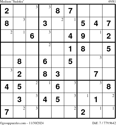 The grouppuzzles.com Medium Sudoku puzzle for Saturday November 30, 2024 with the first 3 steps marked