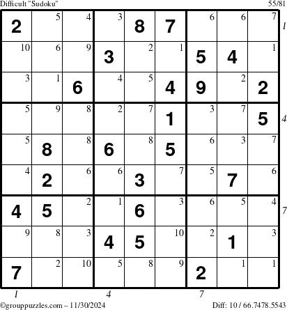 The grouppuzzles.com Difficult Sudoku puzzle for Saturday November 30, 2024 with all 10 steps marked