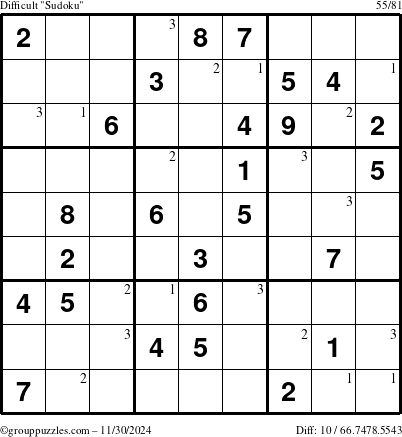 The grouppuzzles.com Difficult Sudoku puzzle for Saturday November 30, 2024 with the first 3 steps marked