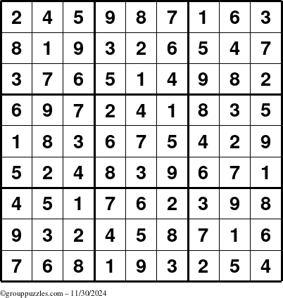 The grouppuzzles.com Answer grid for the Sudoku puzzle for Saturday November 30, 2024