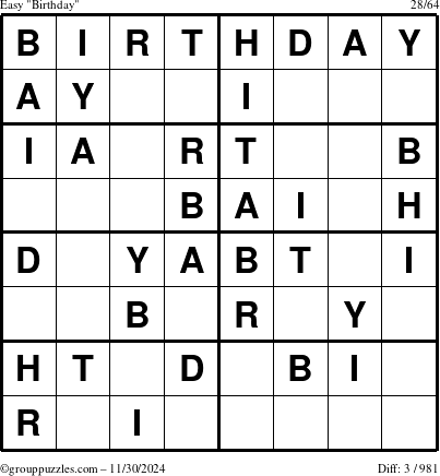 The grouppuzzles.com Easy Birthday puzzle for Saturday November 30, 2024