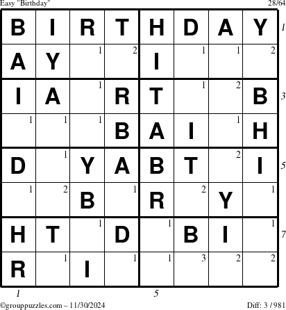 The grouppuzzles.com Easy Birthday puzzle for Saturday November 30, 2024 with all 3 steps marked