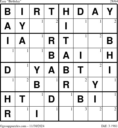 The grouppuzzles.com Easy Birthday puzzle for Saturday November 30, 2024 with the first 3 steps marked