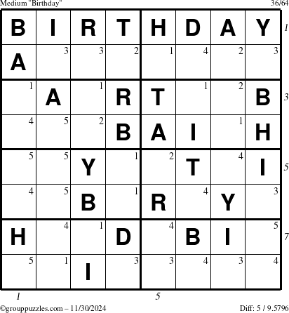 The grouppuzzles.com Medium Birthday puzzle for Saturday November 30, 2024 with all 5 steps marked