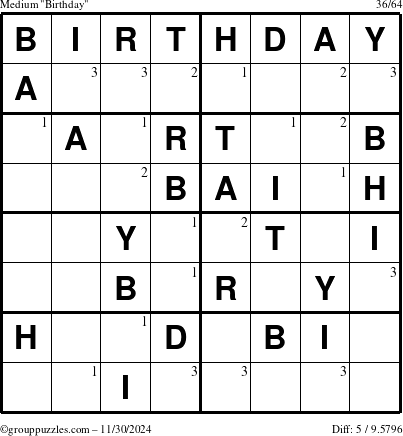 The grouppuzzles.com Medium Birthday puzzle for Saturday November 30, 2024 with the first 3 steps marked