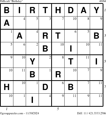 The grouppuzzles.com Difficult Birthday puzzle for Saturday November 30, 2024 with all 11 steps marked