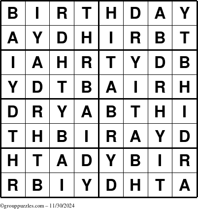 The grouppuzzles.com Answer grid for the Birthday puzzle for Saturday November 30, 2024