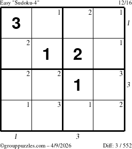 The grouppuzzles.com Easy Sudoku-4 puzzle for Thursday April 9, 2026, suitable for printing, with all 3 steps marked