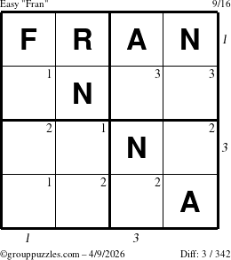 The grouppuzzles.com Easy Fran puzzle for Thursday April 9, 2026, suitable for printing, with all 3 steps marked