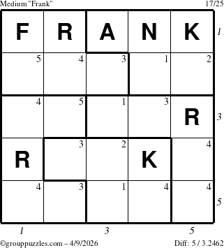 The grouppuzzles.com Medium Frank puzzle for Thursday April 9, 2026 with all 5 steps marked