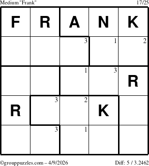 The grouppuzzles.com Medium Frank puzzle for Thursday April 9, 2026 with the first 3 steps marked
