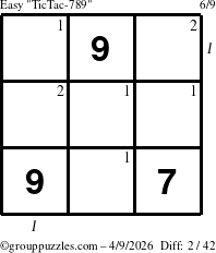 The grouppuzzles.com Easy TicTac-789 puzzle for Thursday April 9, 2026, suitable for printing, with all 2 steps marked