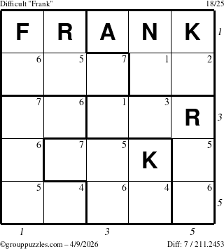 The grouppuzzles.com Difficult Frank puzzle for Thursday April 9, 2026, suitable for printing, with all 7 steps marked