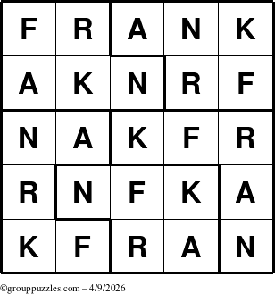 The grouppuzzles.com Answer grid for the Frank puzzle for Thursday April 9, 2026