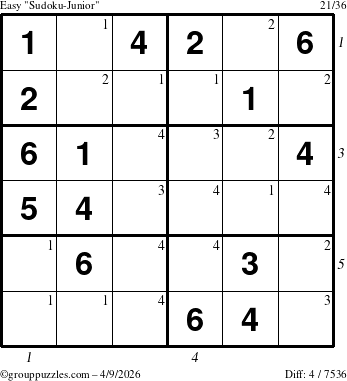 The grouppuzzles.com Easy Sudoku-Junior puzzle for Thursday April 9, 2026, suitable for printing, with all 4 steps marked