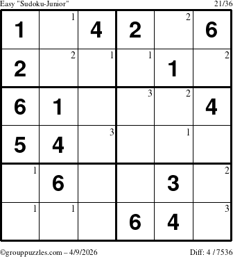 The grouppuzzles.com Easy Sudoku-Junior puzzle for Thursday April 9, 2026 with the first 3 steps marked