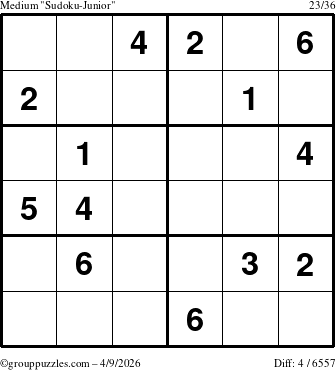 The grouppuzzles.com Medium Sudoku-Junior puzzle for Thursday April 9, 2026